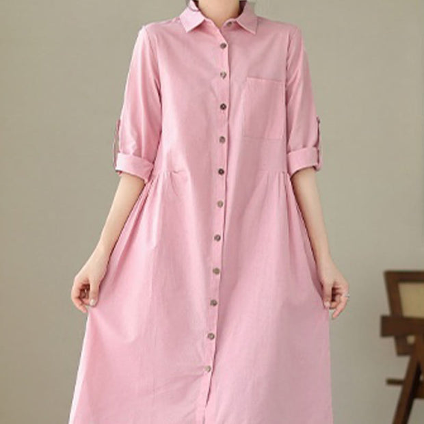 Buddha Stones Summer Casual Plain Buttons Stand Collar Design Three Quarter Sleeve Acrylic Cardigan Midi Dress With Pockets