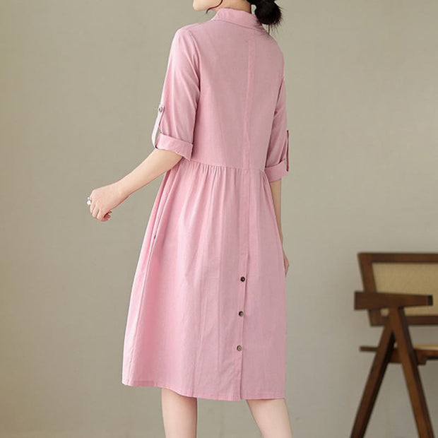 Buddha Stones Summer Casual Plain Buttons Stand Collar Design Three Quarter Sleeve Acrylic Cardigan Midi Dress With Pockets
