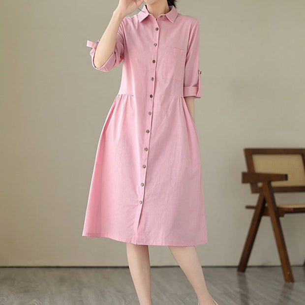 Buddha Stones Summer Casual Plain Buttons Stand Collar Design Three Quarter Sleeve Acrylic Cardigan Midi Dress With Pockets