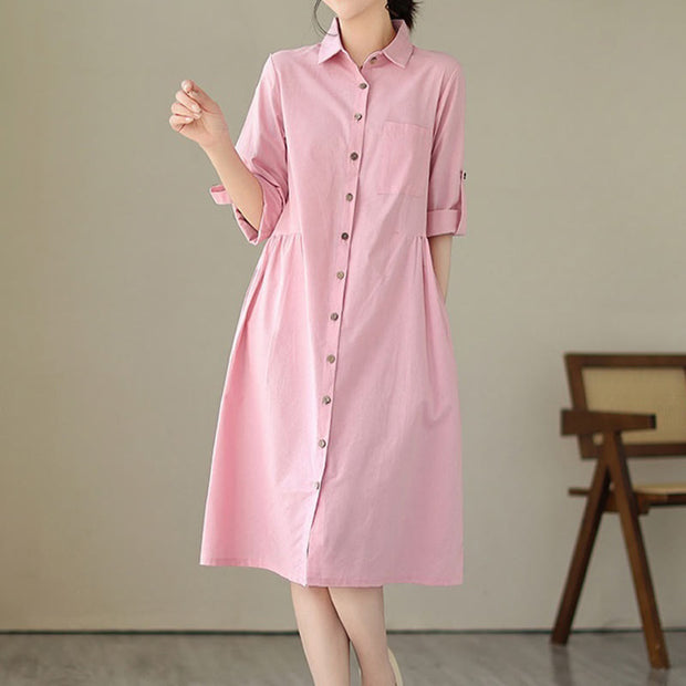 Buddha Stones Summer Casual Plain Buttons Stand Collar Design Three Quarter Sleeve Acrylic Cardigan Midi Dress With Pockets
