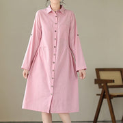 Buddha Stones Summer Casual Plain Buttons Stand Collar Design Three Quarter Sleeve Acrylic Cardigan Midi Dress With Pockets