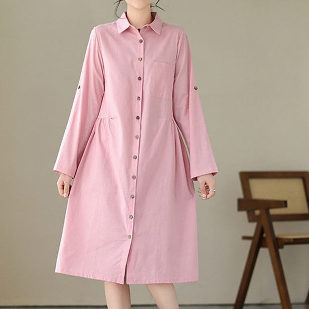 Buddha Stones Summer Casual Plain Buttons Stand Collar Design Three Quarter Sleeve Acrylic Cardigan Midi Dress With Pockets