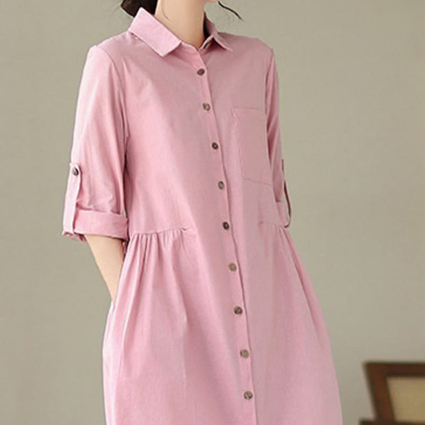 Buddha Stones Summer Casual Plain Buttons Stand Collar Design Three Quarter Sleeve Acrylic Cardigan Midi Dress With Pockets