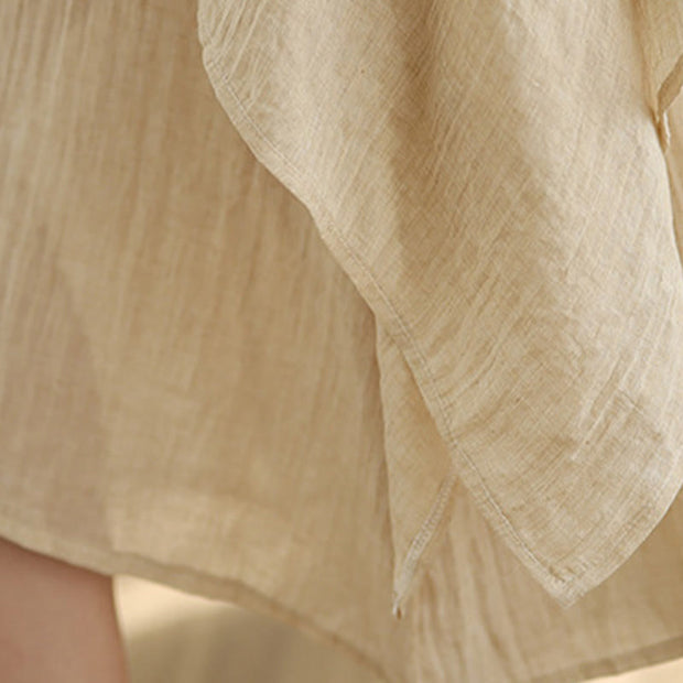 Buddha Stones Summer Casual Plain Design Crew Neck Short Sleeve Cotton Linen Blended Double Layer Midi Dress