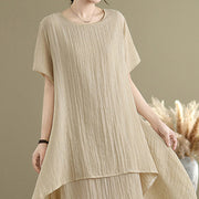 Buddha Stones Summer Casual Plain Design Crew Neck Short Sleeve Cotton Linen Blended Double Layer Midi Dress