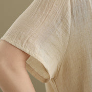 Buddha Stones Summer Casual Plain Design Crew Neck Short Sleeve Cotton Linen Blended Double Layer Midi Dress