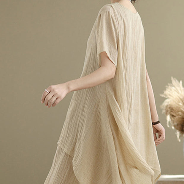 Buddha Stones Summer Casual Plain Design Crew Neck Short Sleeve Cotton Linen Blended Double Layer Midi Dress
