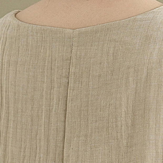 Buddha Stones Summer Casual Plain Design Crew Neck Short Sleeve Cotton Linen Blended Double Layer Midi Dress