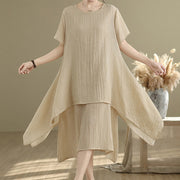 Buddha Stones Summer Casual Plain Design Crew Neck Short Sleeve Cotton Linen Blended Double Layer Midi Dress