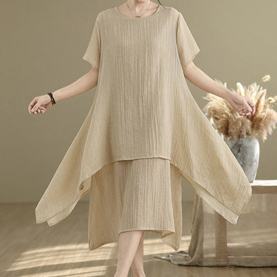 Buddha Stones Summer Casual Plain Design Crew Neck Short Sleeve Cotton Linen Blended Double Layer Midi Dress