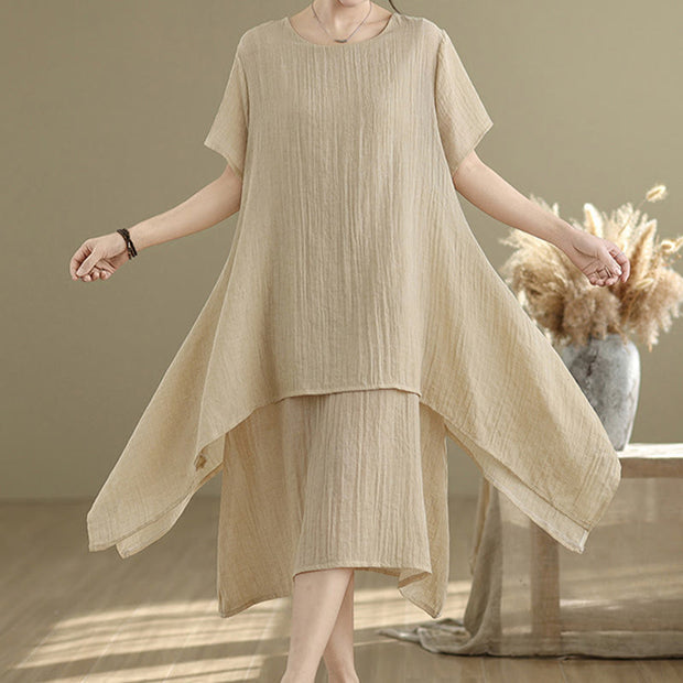Buddha Stones Summer Casual Plain Design Crew Neck Short Sleeve Cotton Linen Blended Double Layer Midi Dress