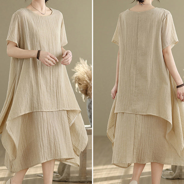 Buddha Stones Summer Casual Plain Design Crew Neck Short Sleeve Cotton Linen Blended Double Layer Midi Dress