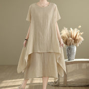 Buddha Stones Summer Casual Plain Design Crew Neck Short Sleeve Cotton Linen Blended Double Layer Midi Dress