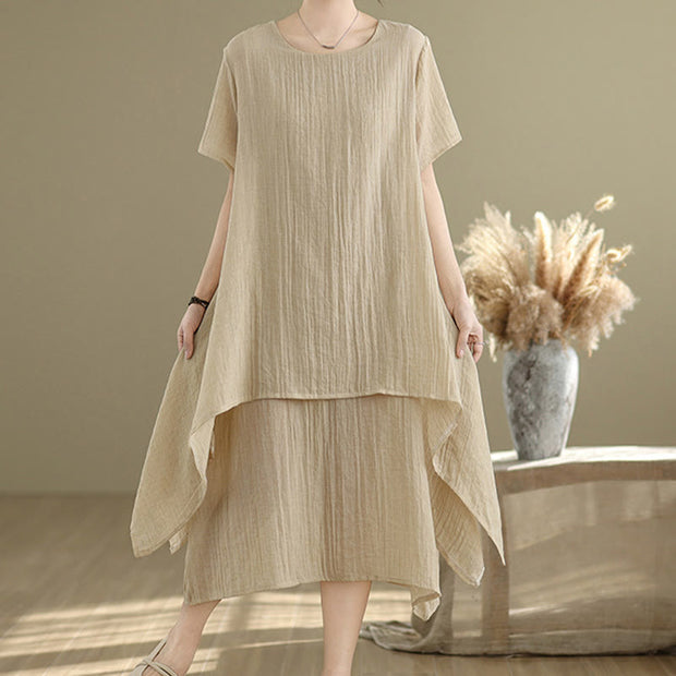 Buddha Stones Summer Casual Plain Design Crew Neck Short Sleeve Cotton Linen Blended Double Layer Midi Dress