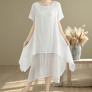 Buddha Stones Summer Casual Plain Design Crew Neck Short Sleeve Cotton Linen Blended Double Layer Midi Dress