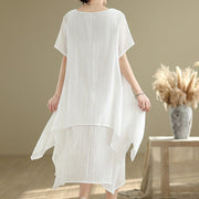 Buddha Stones Summer Casual Plain Design Crew Neck Short Sleeve Cotton Linen Blended Double Layer Midi Dress