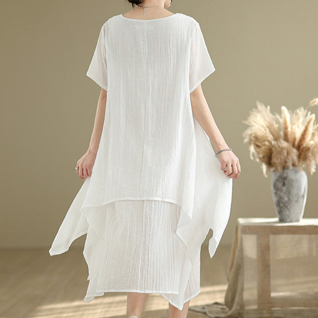 Buddha Stones Summer Casual Plain Design Crew Neck Short Sleeve Cotton Linen Blended Double Layer Midi Dress
