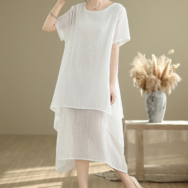 Buddha Stones Summer Casual Plain Design Crew Neck Short Sleeve Cotton Linen Blended Double Layer Midi Dress