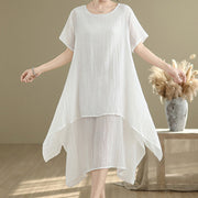 Buddha Stones Summer Casual Plain Design Crew Neck Short Sleeve Cotton Linen Blended Double Layer Midi Dress