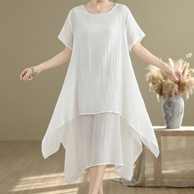 Buddha Stones Summer Casual Plain Design Crew Neck Short Sleeve Cotton Linen Blended Double Layer Midi Dress