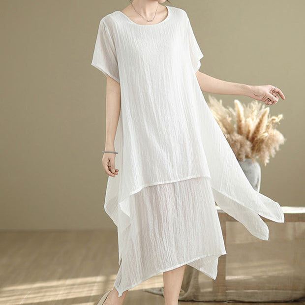 Buddha Stones Summer Casual Plain Design Crew Neck Short Sleeve Cotton Linen Blended Double Layer Midi Dress