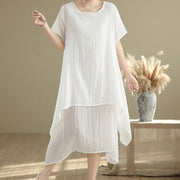 Buddha Stones Summer Casual Plain Design Crew Neck Short Sleeve Cotton Linen Blended Double Layer Midi Dress