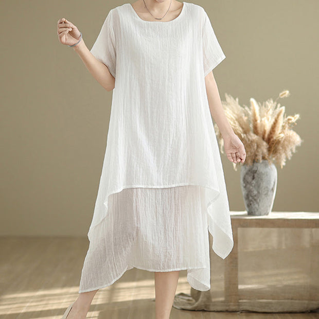 Buddha Stones Summer Casual Plain Design Crew Neck Short Sleeve Cotton Linen Blended Double Layer Midi Dress