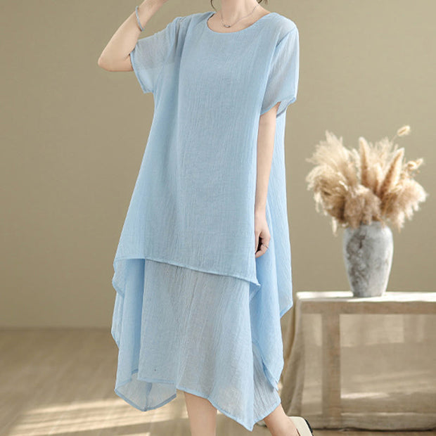 Buddha Stones Summer Casual Plain Design Crew Neck Short Sleeve Cotton Linen Blended Double Layer Midi Dress