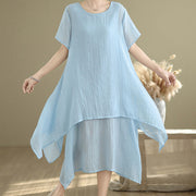 Buddha Stones Summer Casual Plain Design Crew Neck Short Sleeve Cotton Linen Blended Double Layer Midi Dress