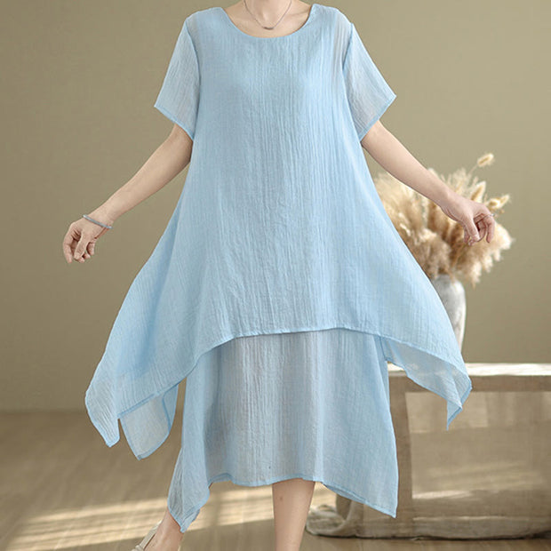 Buddha Stones Summer Casual Plain Design Crew Neck Short Sleeve Cotton Linen Blended Double Layer Midi Dress