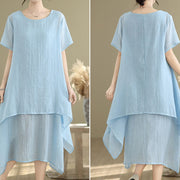Buddha Stones Summer Casual Plain Design Crew Neck Short Sleeve Cotton Linen Blended Double Layer Midi Dress