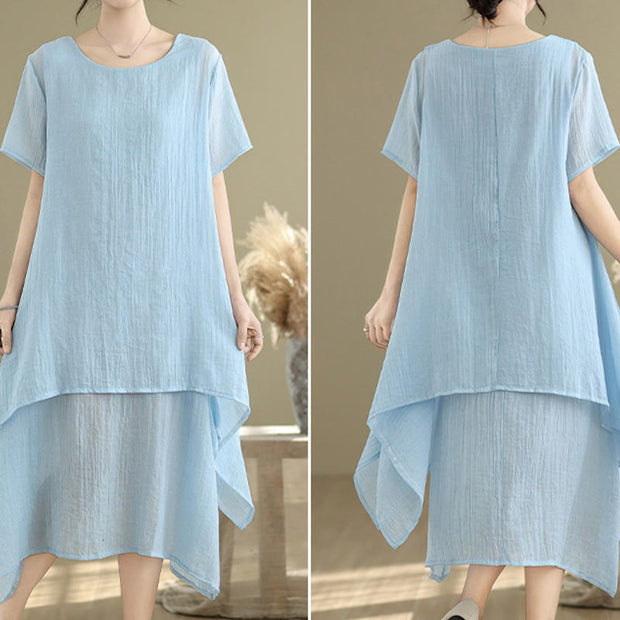 Buddha Stones Summer Casual Plain Design Crew Neck Short Sleeve Cotton Linen Blended Double Layer Midi Dress