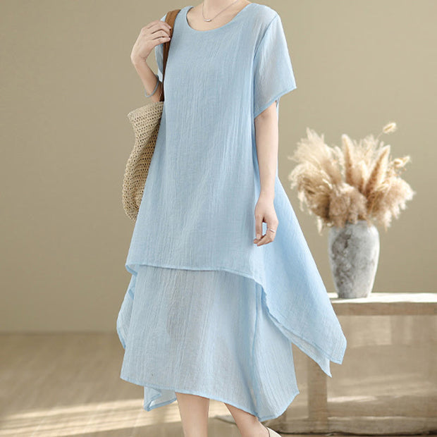 Buddha Stones Summer Casual Plain Design Crew Neck Short Sleeve Cotton Linen Blended Double Layer Midi Dress
