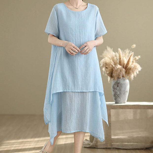 Buddha Stones Summer Casual Plain Design Crew Neck Short Sleeve Cotton Linen Blended Double Layer Midi Dress