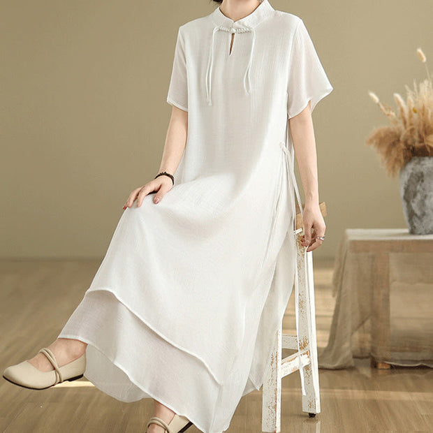Buddha Stones Summer Casual Plain Design Frog Button Stand Collar Short Sleeve Cotton Linen Double Layer Midi Dress