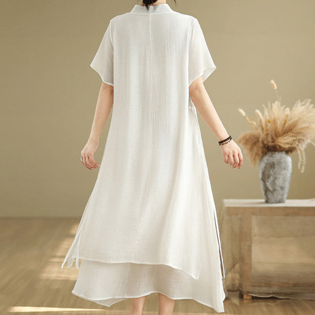 Buddha Stones Summer Casual Plain Design Frog Button Stand Collar Short Sleeve Cotton Linen Double Layer Midi Dress
