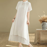 Buddha Stones Summer Casual Plain Design Frog Button Stand Collar Short Sleeve Cotton Linen Double Layer Midi Dress