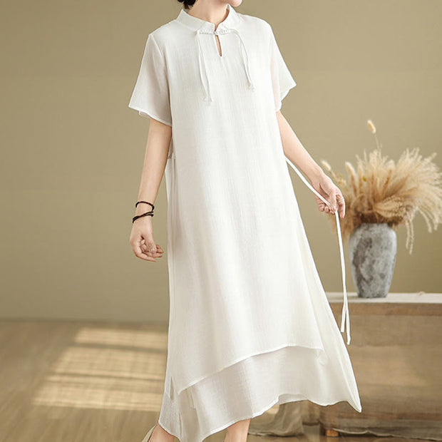 Buddha Stones Summer Casual Plain Design Frog Button Stand Collar Short Sleeve Cotton Linen Double Layer Midi Dress