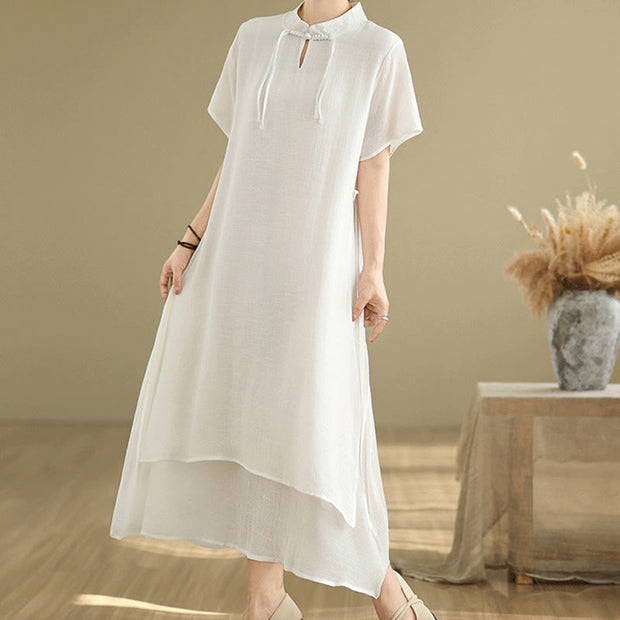 Buddha Stones Summer Casual Plain Design Frog Button Stand Collar Short Sleeve Cotton Linen Double Layer Midi Dress