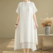 Buddha Stones Summer Casual Plain Design Frog Button Stand Collar Short Sleeve Cotton Linen Double Layer Midi Dress