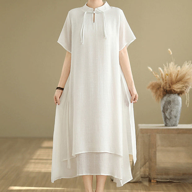 Buddha Stones Summer Casual Plain Design Frog Button Stand Collar Short Sleeve Cotton Linen Double Layer Midi Dress