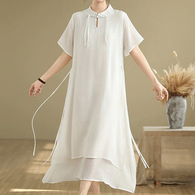 Buddha Stones Summer Casual Plain Design Frog Button Stand Collar Short Sleeve Cotton Linen Double Layer Midi Dress
