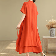 Buddha Stones Summer Casual Plain Design Frog Button Stand Collar Short Sleeve Cotton Linen Double Layer Midi Dress