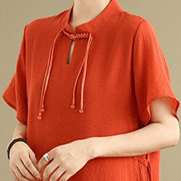 Buddha Stones Summer Casual Plain Design Frog Button Stand Collar Short Sleeve Cotton Linen Double Layer Midi Dress