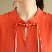 Buddha Stones Summer Casual Plain Design Frog Button Stand Collar Short Sleeve Cotton Linen Double Layer Midi Dress