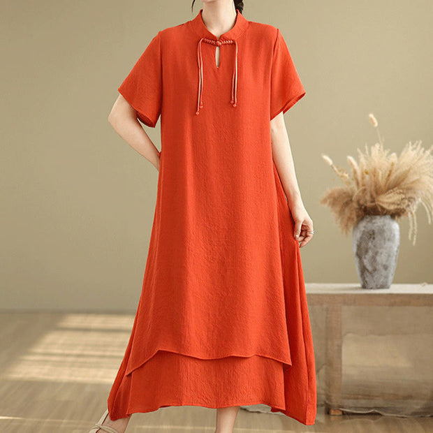 Buddha Stones Summer Casual Plain Design Frog Button Stand Collar Short Sleeve Cotton Linen Double Layer Midi Dress