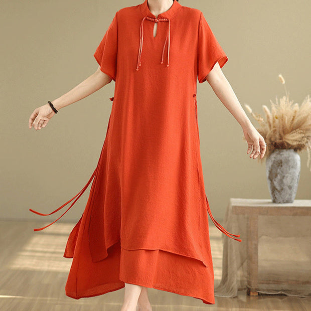 Buddha Stones Summer Casual Plain Design Frog Button Stand Collar Short Sleeve Cotton Linen Double Layer Midi Dress
