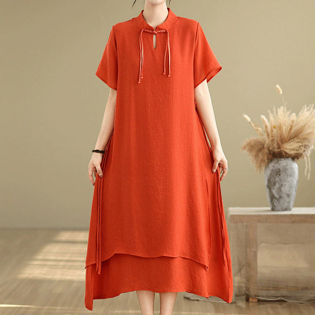 Buddha Stones Summer Casual Plain Design Frog Button Stand Collar Short Sleeve Cotton Linen Double Layer Midi Dress
