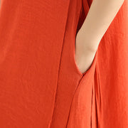 Buddha Stones Summer Casual Plain Design Frog Button Stand Collar Short Sleeve Cotton Linen Double Layer Midi Dress