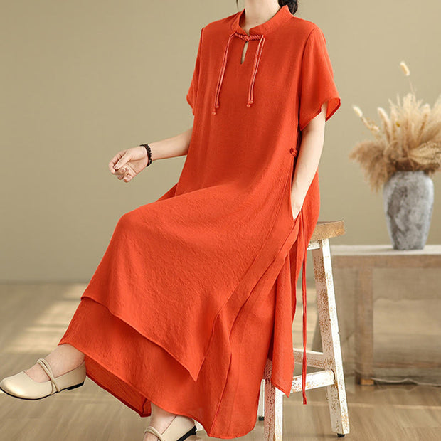 Buddha Stones Summer Casual Plain Design Frog Button Stand Collar Short Sleeve Cotton Linen Double Layer Midi Dress